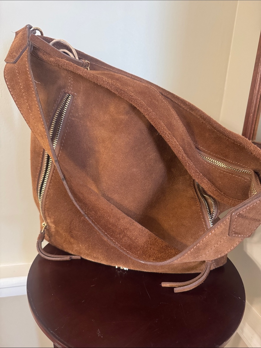 Brown Suede hobo Bag with Zippered Pockets
